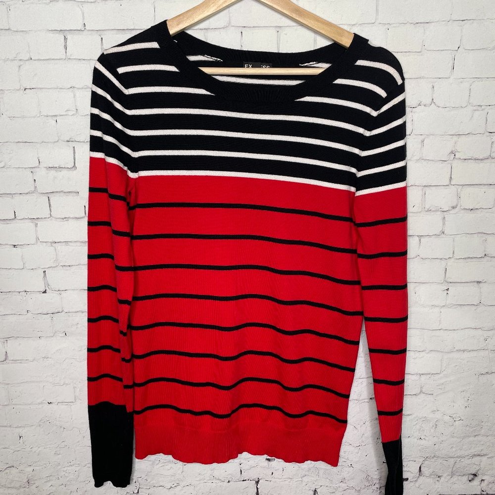 NWOT Women's Express Striped Crew Neck Sweater Medium Black White Red Top Shirt